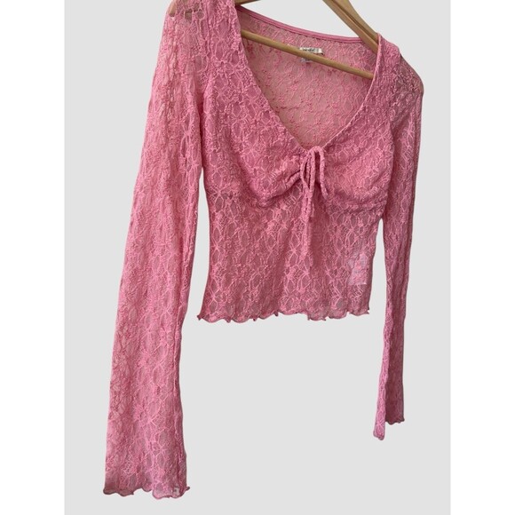Urban Outfitters Kimchi Blue Daphne Lace Cropped Top Pink Sheer Women’s Small - Picture 4 of 8